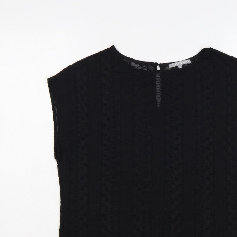 Oliver Bonas Women Black Size 12 Embroidered Keyhole Cap Sleeve Blouse