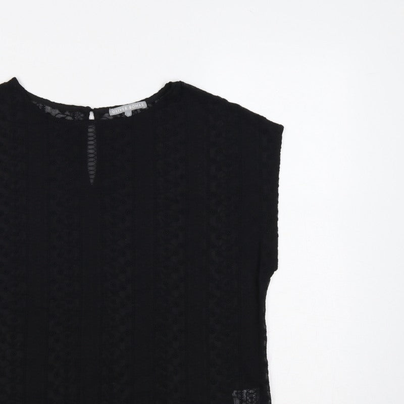 Oliver Bonas Women Black Size 12 Embroidered Keyhole Cap Sleeve Blouse