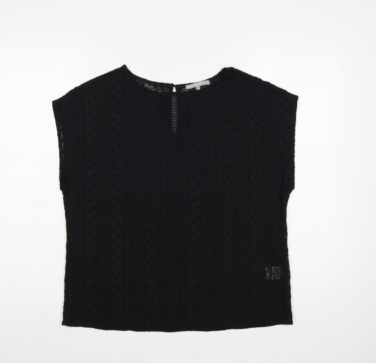 Oliver Bonas Women Black Size 12 Embroidered Keyhole Cap Sleeve Blouse