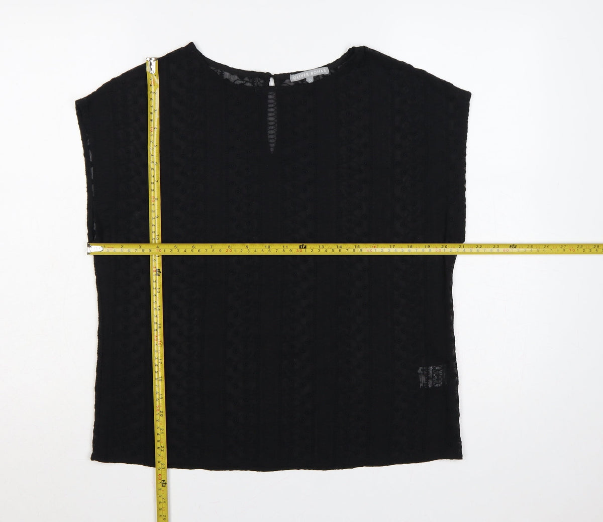 Oliver Bonas Women Black Size 12 Embroidered Keyhole Cap Sleeve Blouse