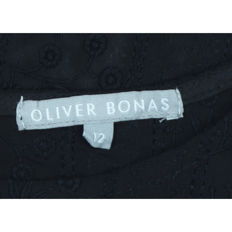 Oliver Bonas Women Black Size 12 Embroidered Keyhole Cap Sleeve Blouse
