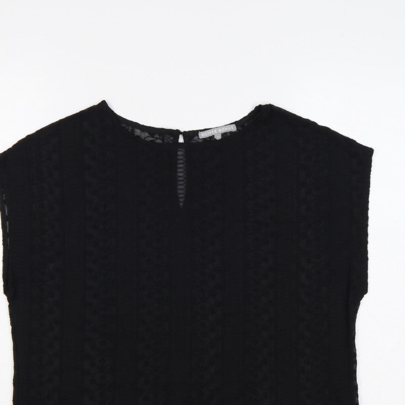 Oliver Bonas Women Black Size 12 Embroidered Keyhole Cap Sleeve Blouse