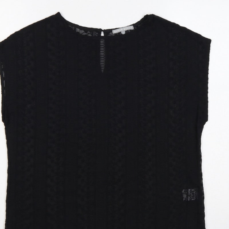 Oliver Bonas Women Black Size 12 Embroidered Keyhole Cap Sleeve Blouse