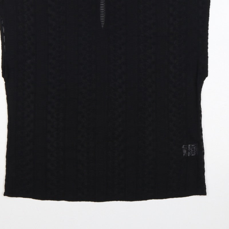Oliver Bonas Women Black Size 12 Embroidered Keyhole Cap Sleeve Blouse