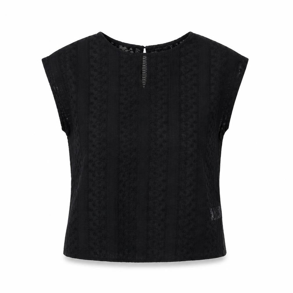 Oliver Bonas Women Black Size 12 Embroidered Keyhole Cap Sleeve Blouse