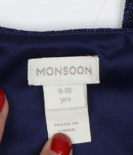 Monsoon Girls Blue Glitter Velour Belted Jumpsuit 9-10 Years Party