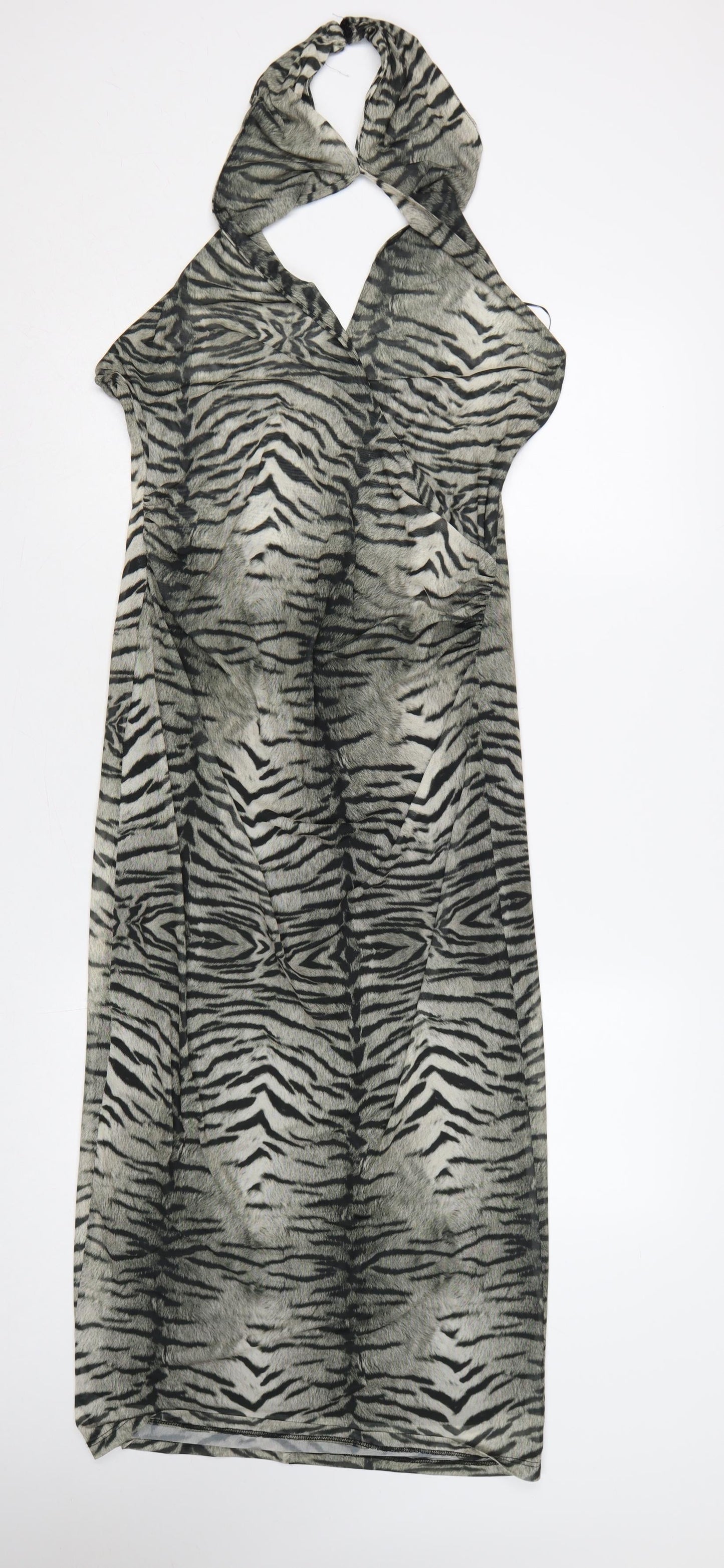 Zara Women Grey Animal Print Halter Maxi Sheath Dress Size L