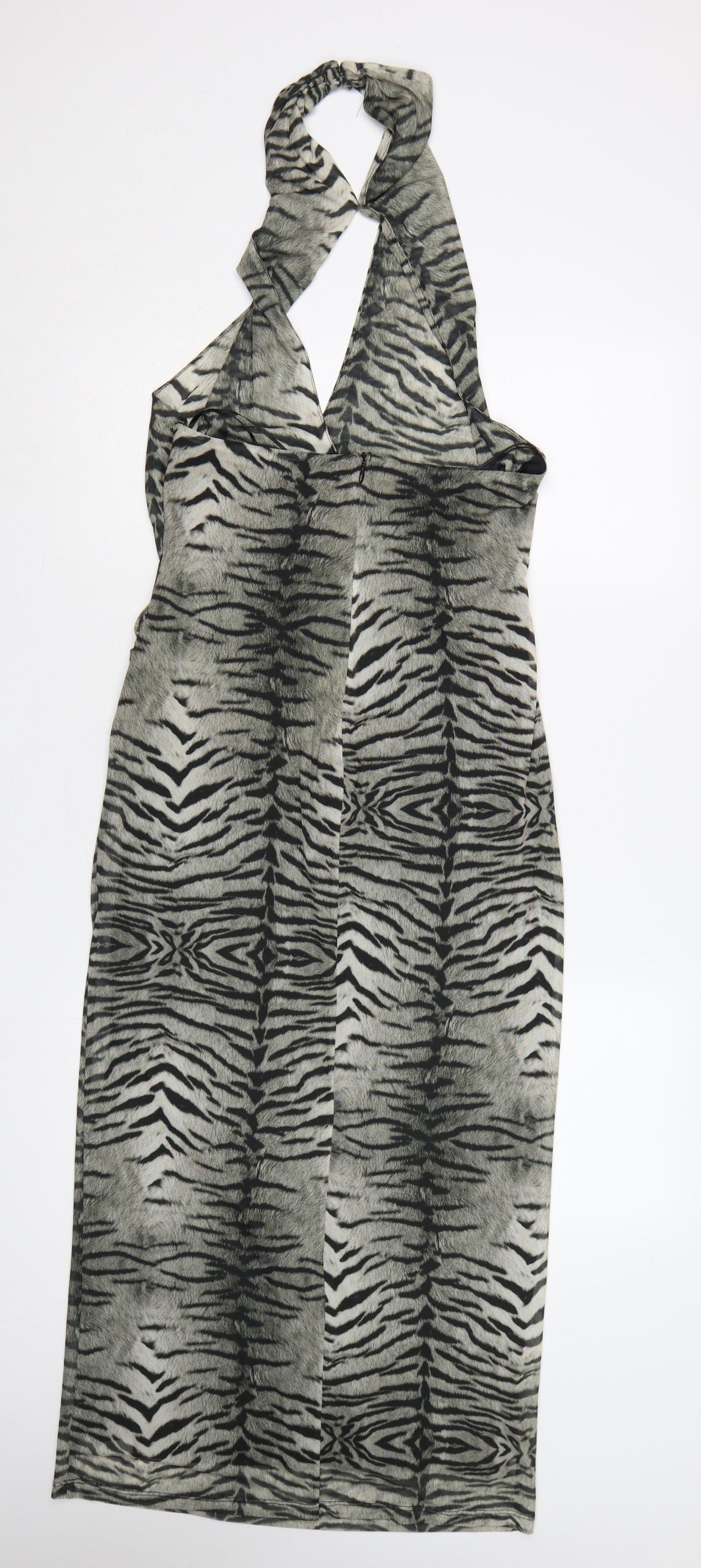 Zara Women Grey Animal Print Halter Maxi Sheath Dress Size L