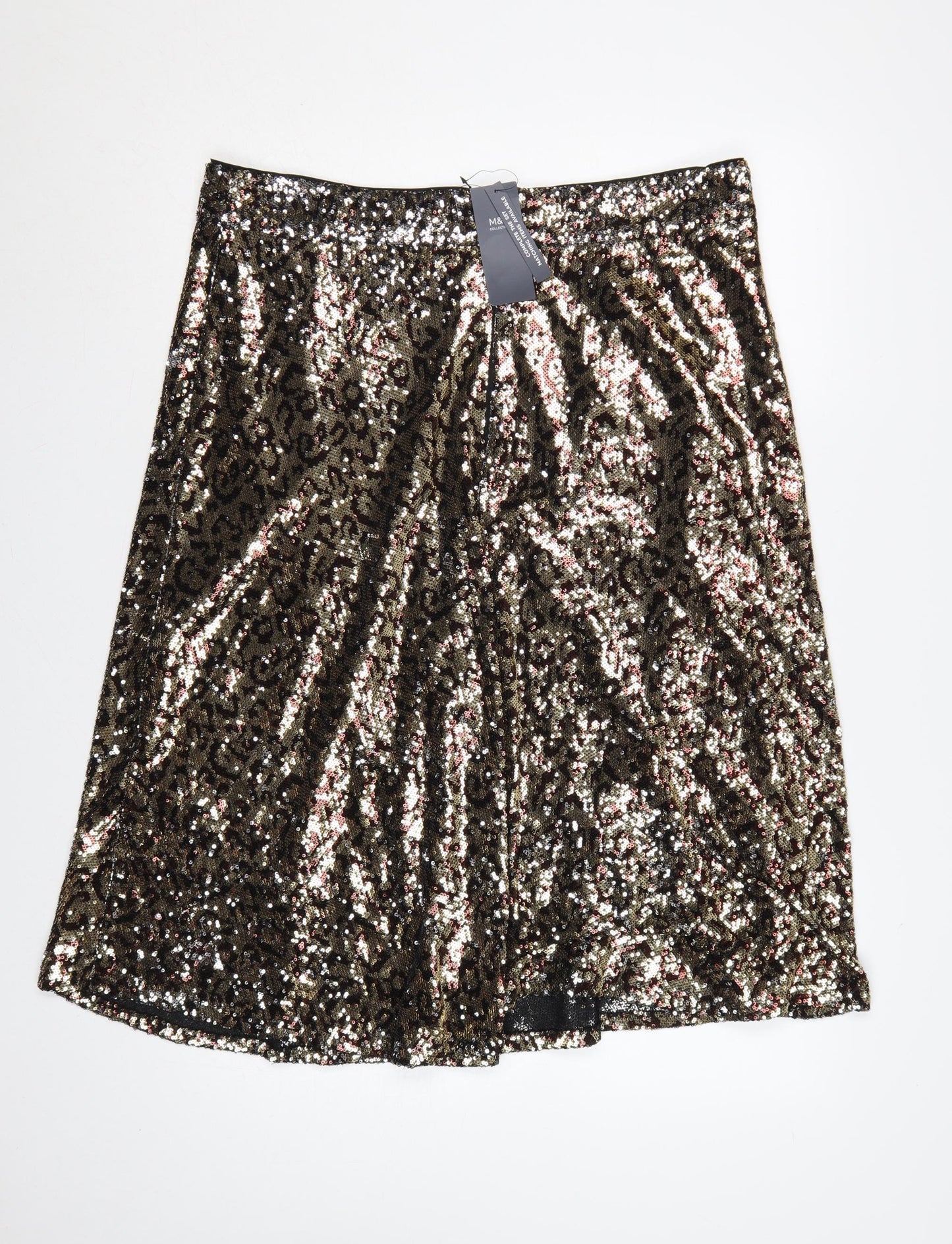 M&S Women Gold Sequin Leopard Print A-Line Midi Skirt Size 18