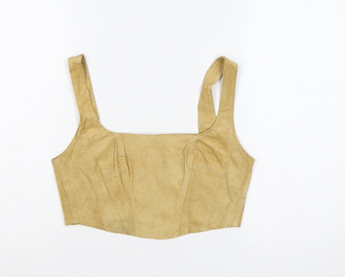 Beyond Retro Women Beige Small Suede Leather Cropped Tank Zip Top
