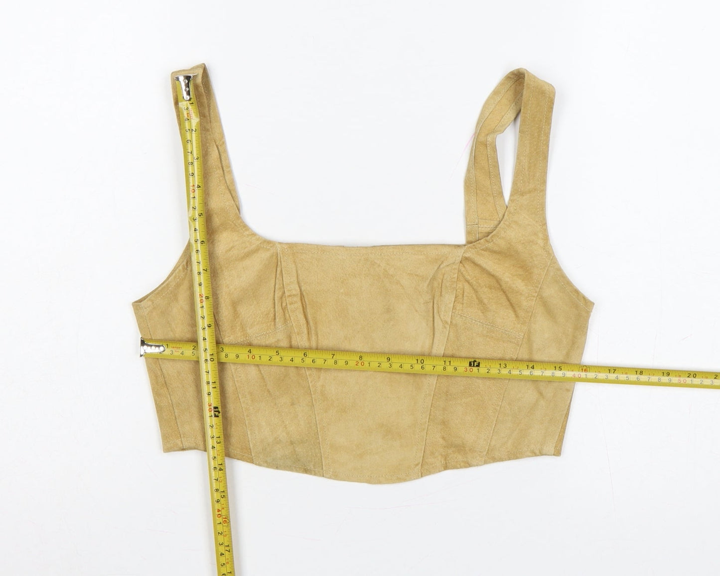 Beyond Retro Women Beige Small Suede Leather Cropped Tank Zip Top