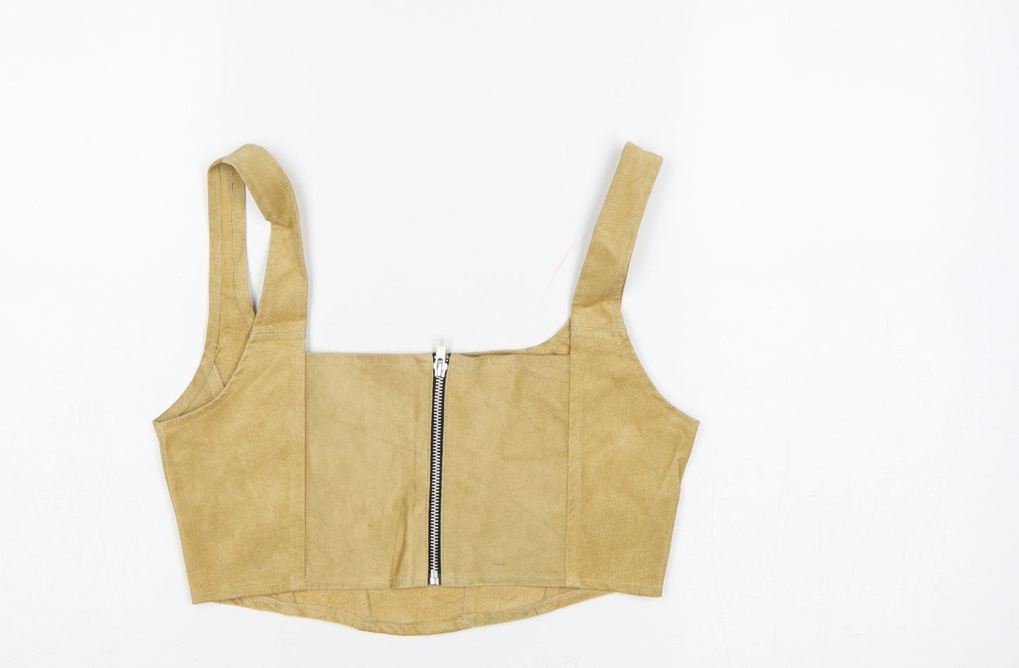Beyond Retro Women Beige Small Suede Leather Cropped Tank Zip Top