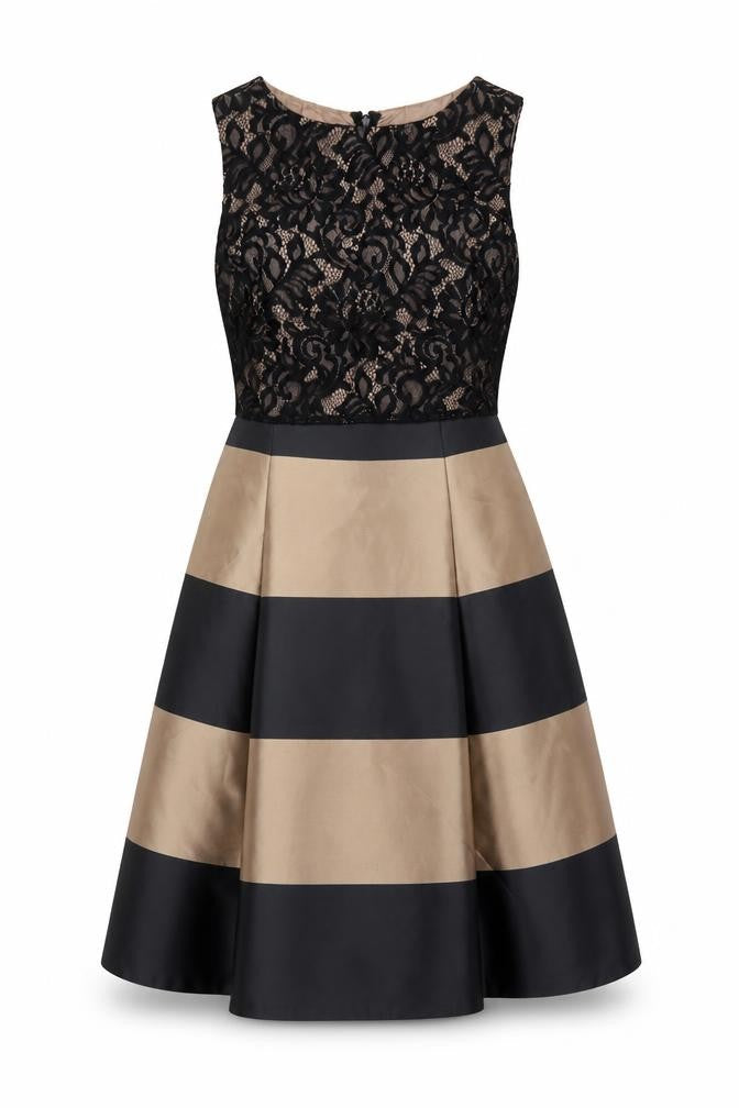 Coast Women Black Beige UK 12 A-Line Lace Colourblock Occasion Dress