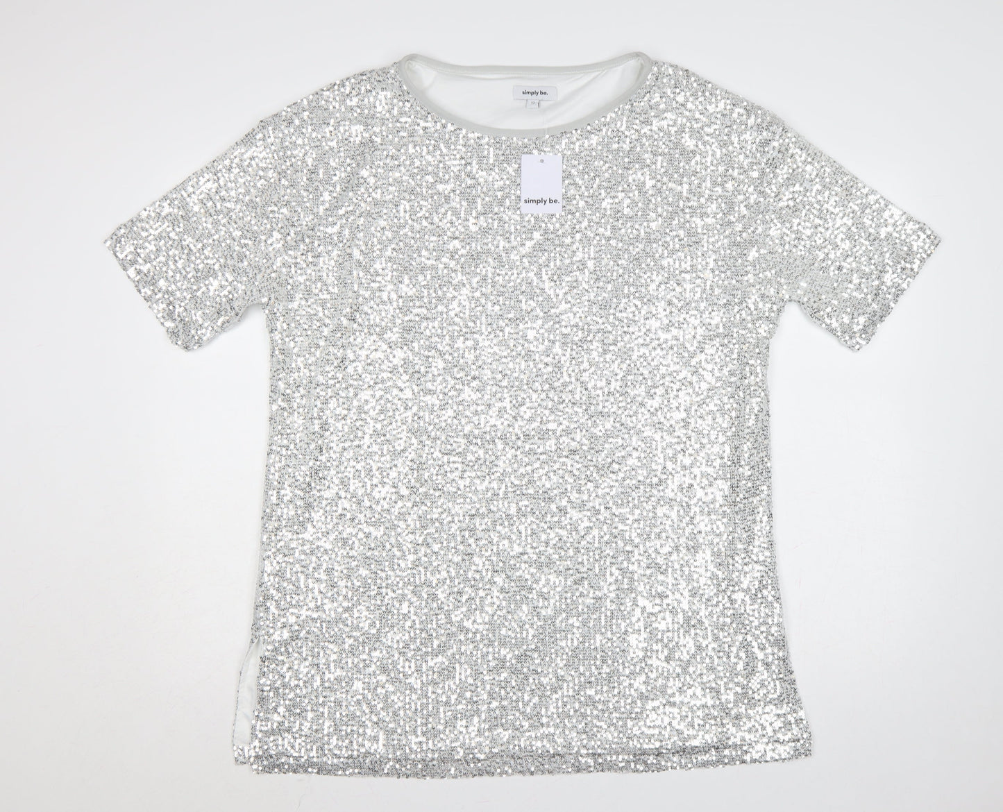 Simply Be Women Silver UK 12 Sequin Short Sleeve Round Neck Party Top