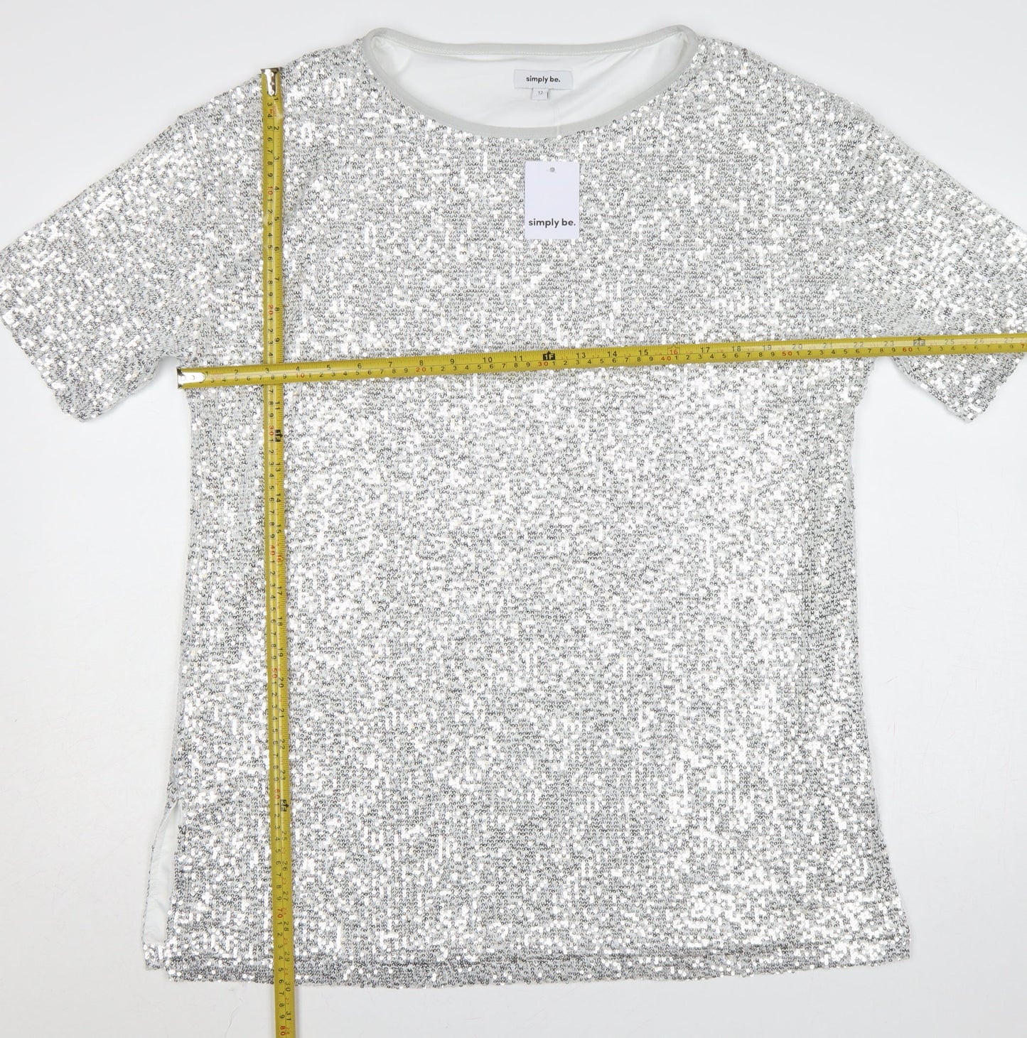 Simply Be Women Silver UK 12 Sequin Short Sleeve Round Neck Party Top
