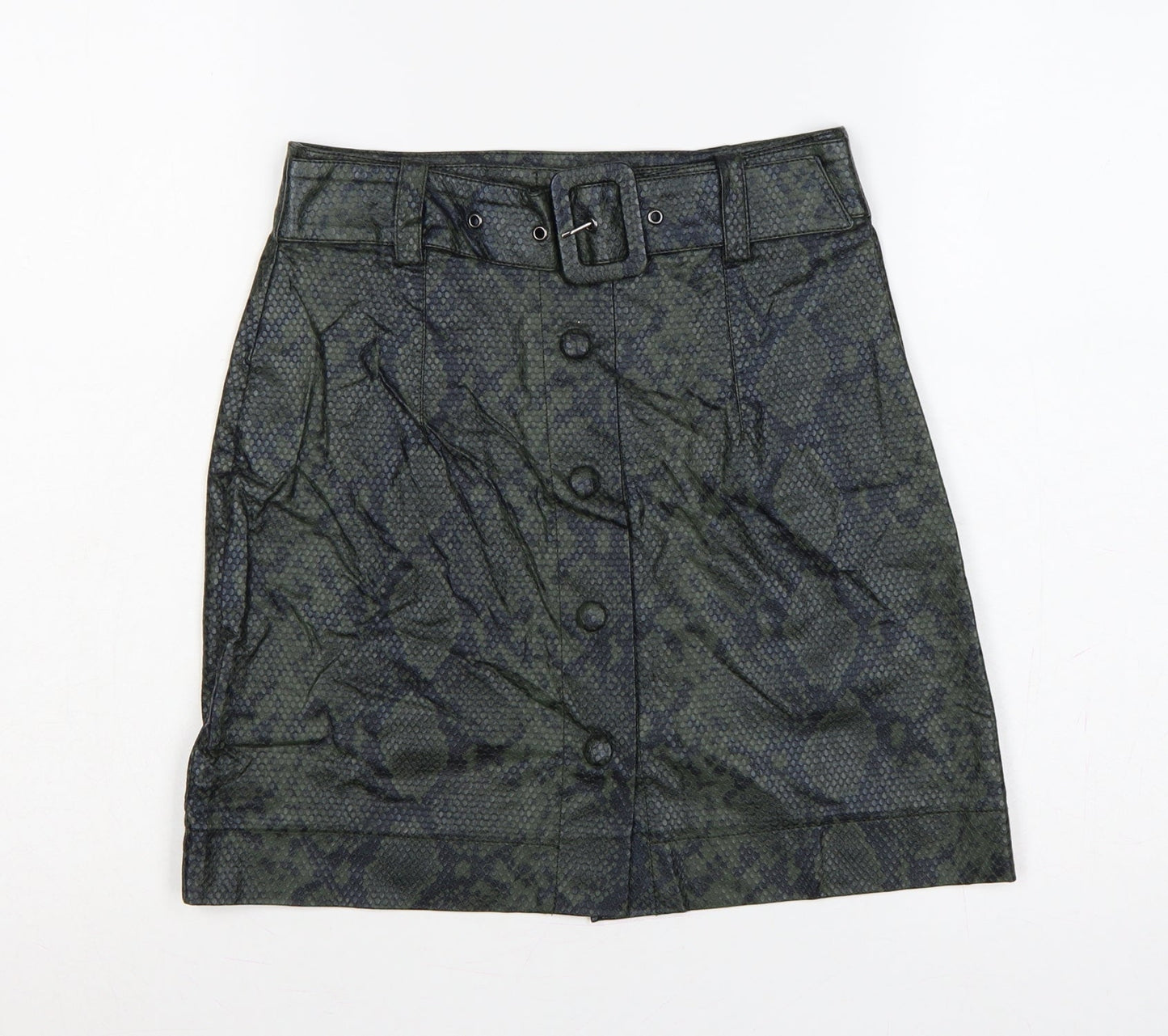 Topshop Women Green Snake Print Faux Leather Mini Pencil Skirt UK 6