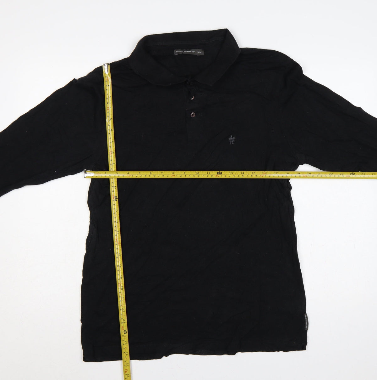 Close-up detail of French Connection Men's Black 2XL Long Sleeve Logo Polo Shirt