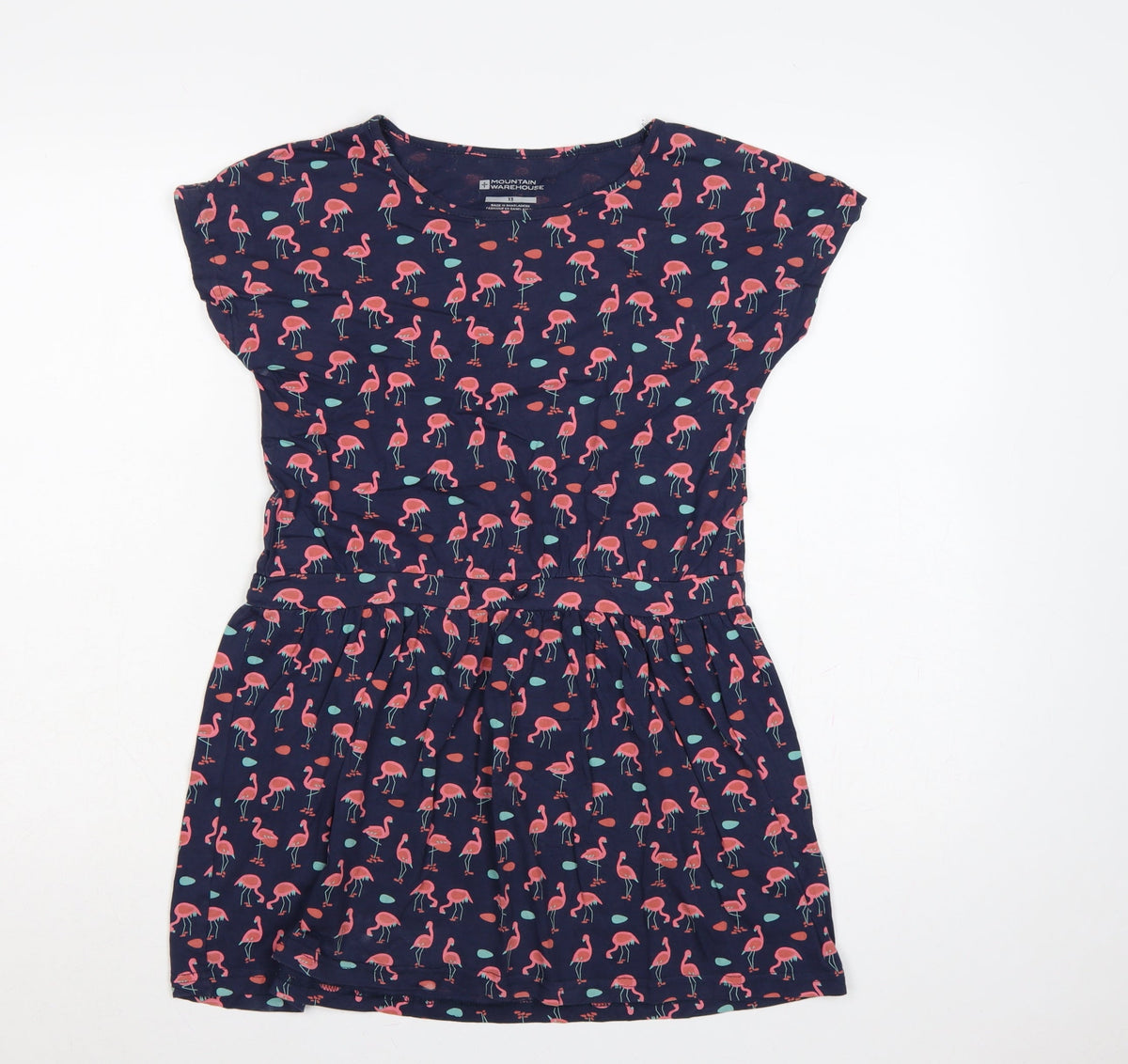 Back view of Mountain Warehouse girls’ blue pink flamingo skater dress age 13