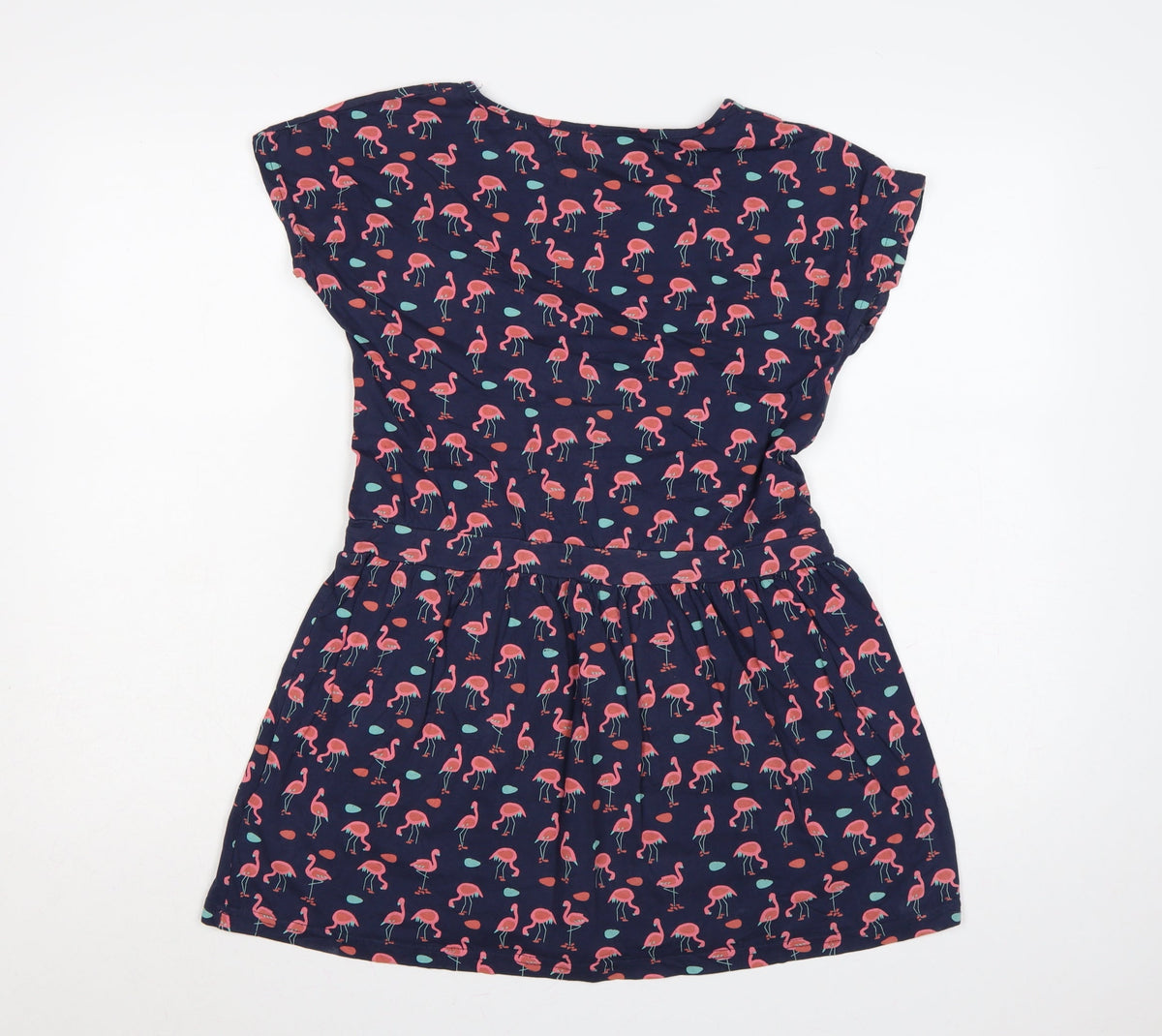 Brand and care label for Mountain Warehouse girls’ blue pink flamingo skater dress age 13