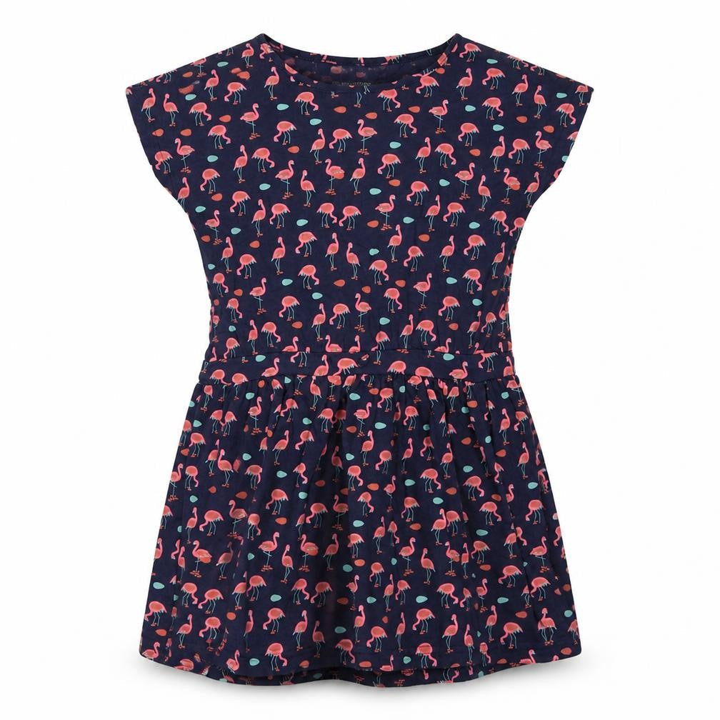 Front view of Mountain Warehouse girls’ blue pink flamingo skater dress age 13