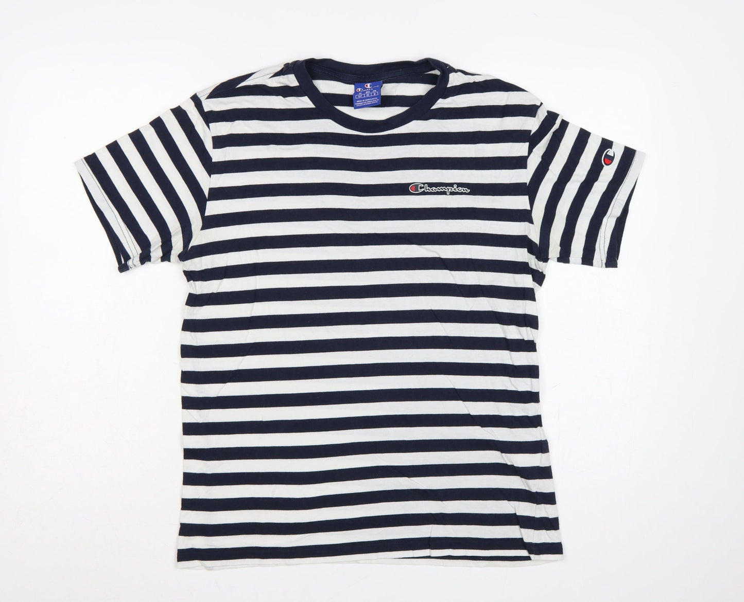 Champion Men's Navy White Striped Small Crew Neck Logo T-Shirt