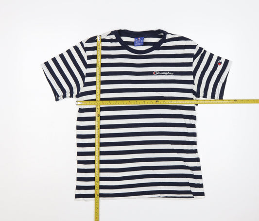 Champion Men's Navy White Striped Small Crew Neck Logo T-Shirt