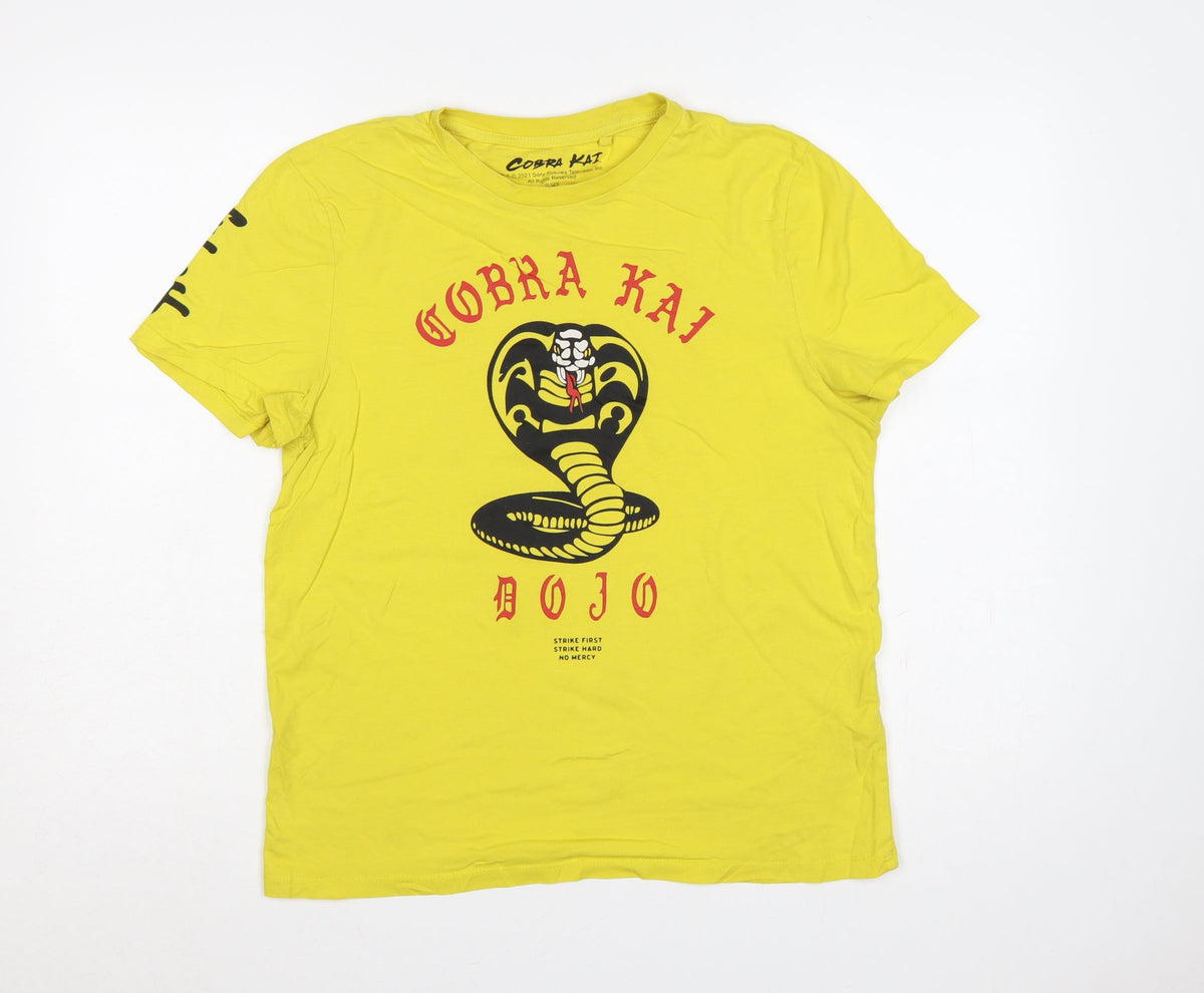 Back view of Cobra Kai Men’s Yellow S Graphic Logo Short Sleeve Crew Neck T-Shirt