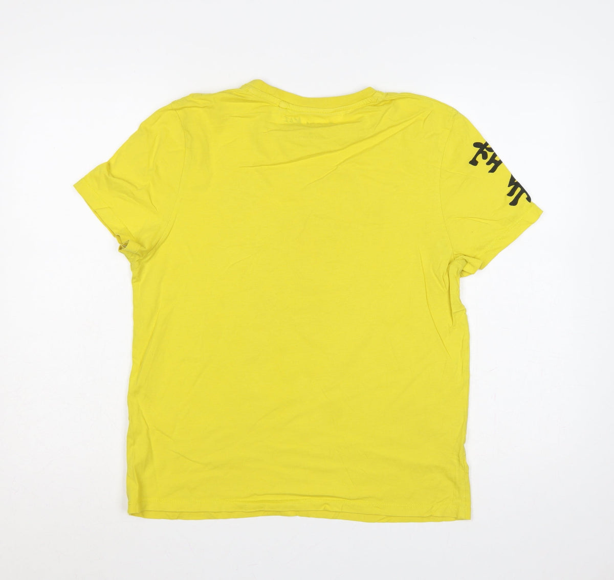 Brand and care label for Cobra Kai Men’s Yellow S Graphic Logo Short Sleeve Crew Neck T-Shirt