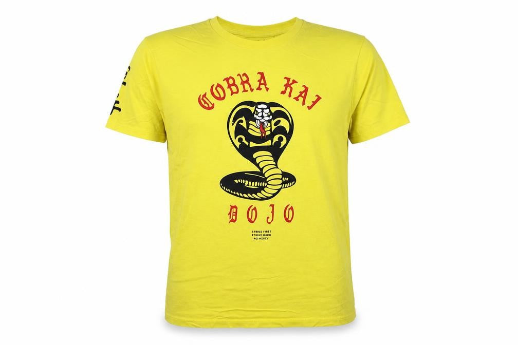 Front view of Cobra Kai Men’s Yellow S Graphic Logo Short Sleeve Crew Neck T-Shirt