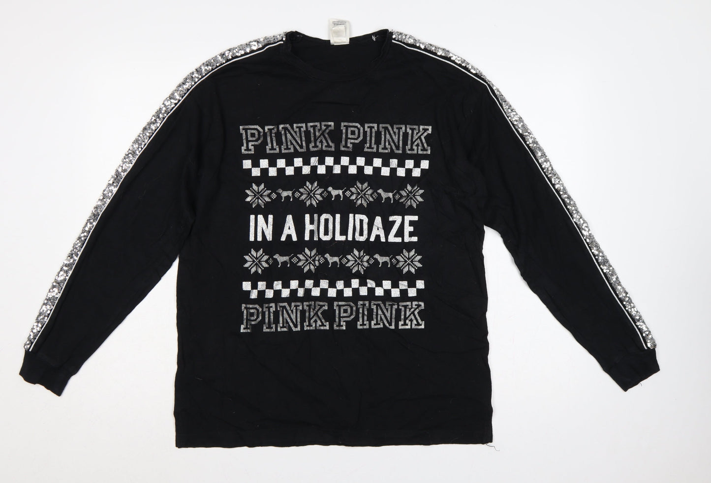Victoria's Secret PINK Women Black M Christmas Sequin Long Sleeve T-Shirt
