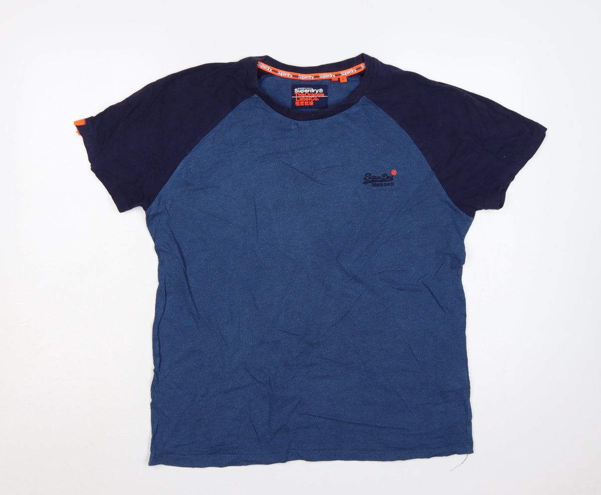 Back view of Superdry Men’s Blue L Raglan Colourblock Logo Crew Neck T-Shirt