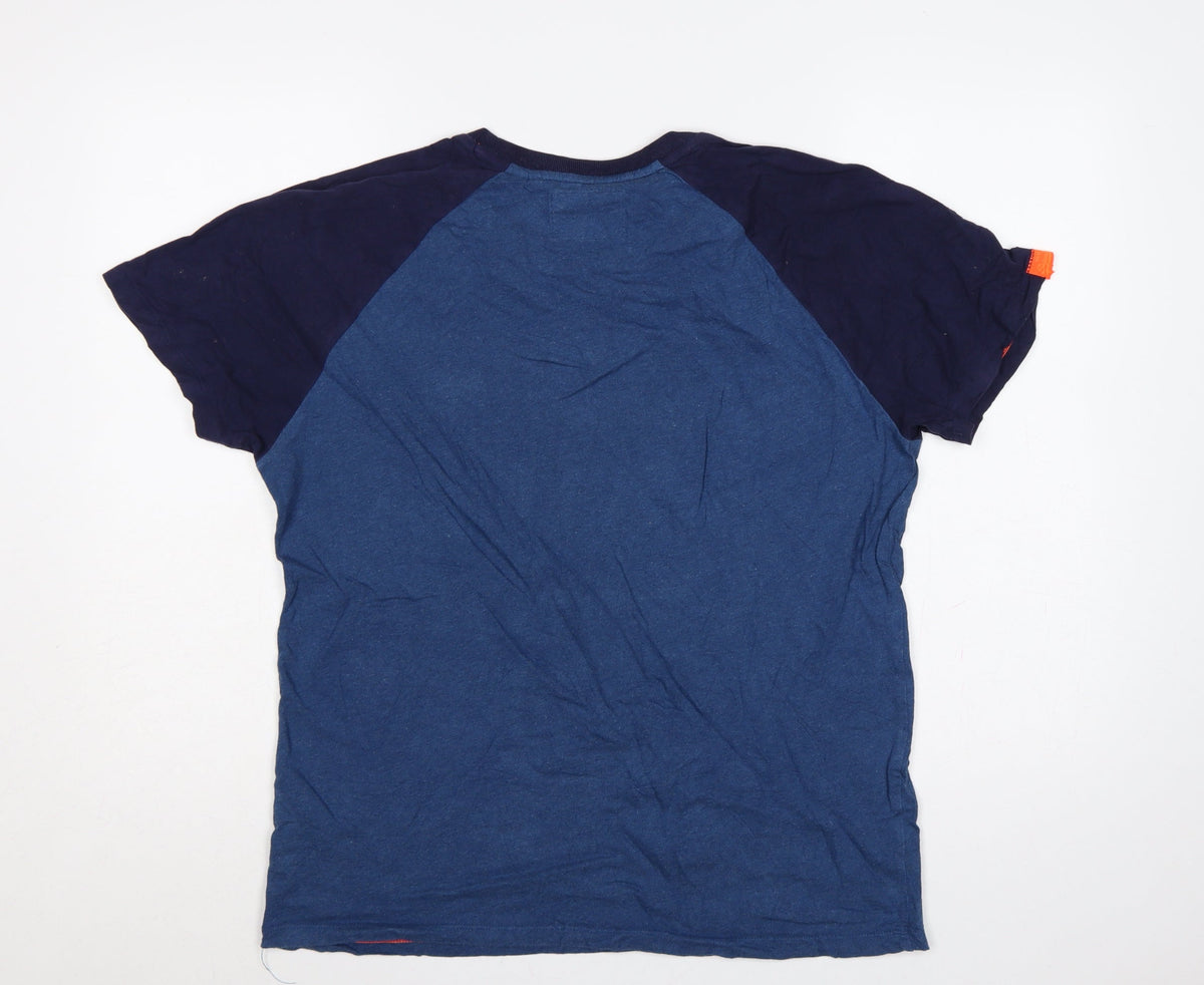 Brand and care label for Superdry Men’s Blue L Raglan Colourblock Logo Crew Neck T-Shirt