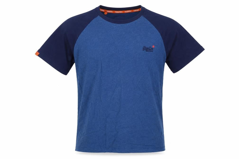 Front view of Superdry Men’s Blue L Raglan Colourblock Logo Crew Neck T-Shirt