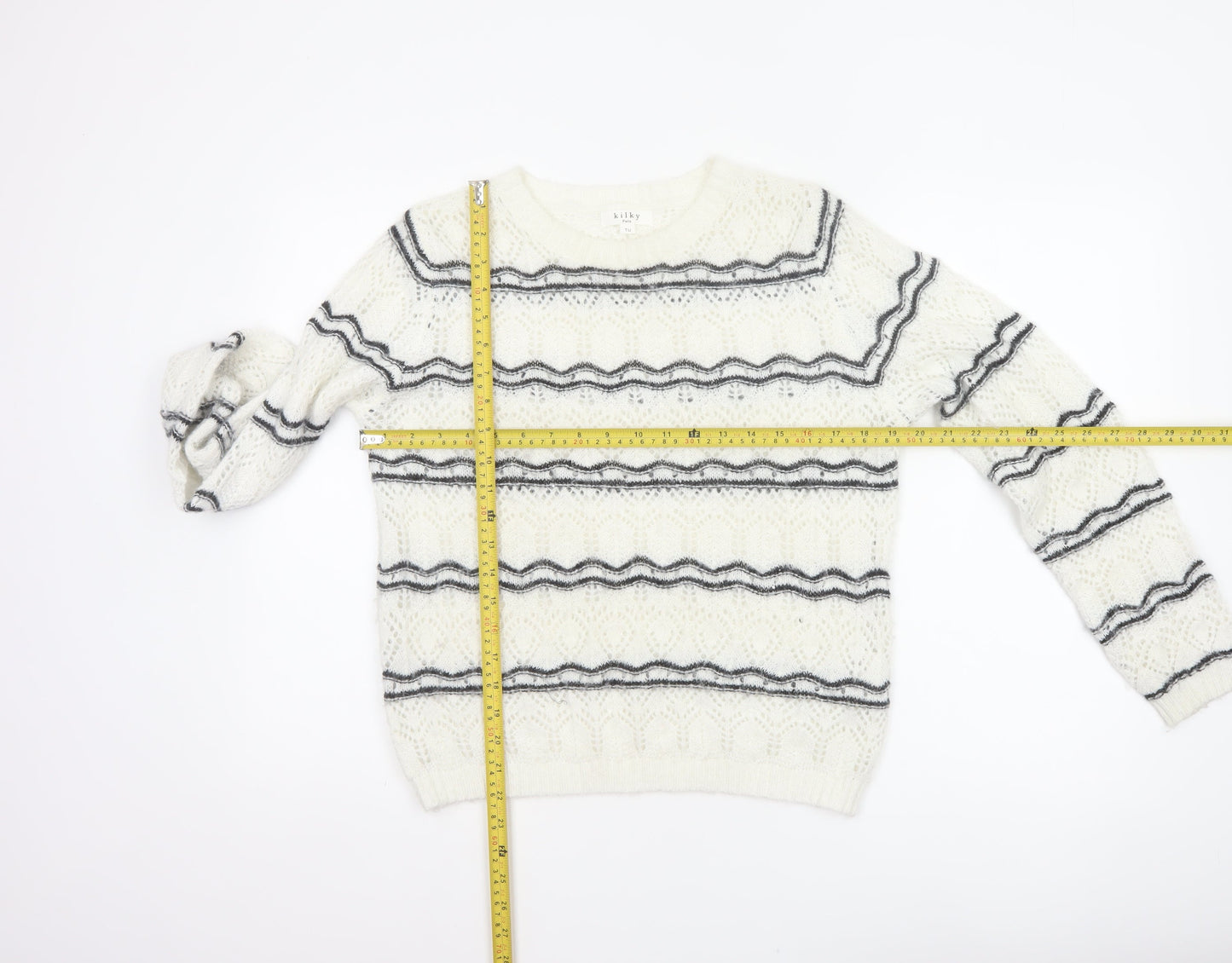 Kilky Paris Women Ivory One Size Mohair Wool Striped Pullover Jumper