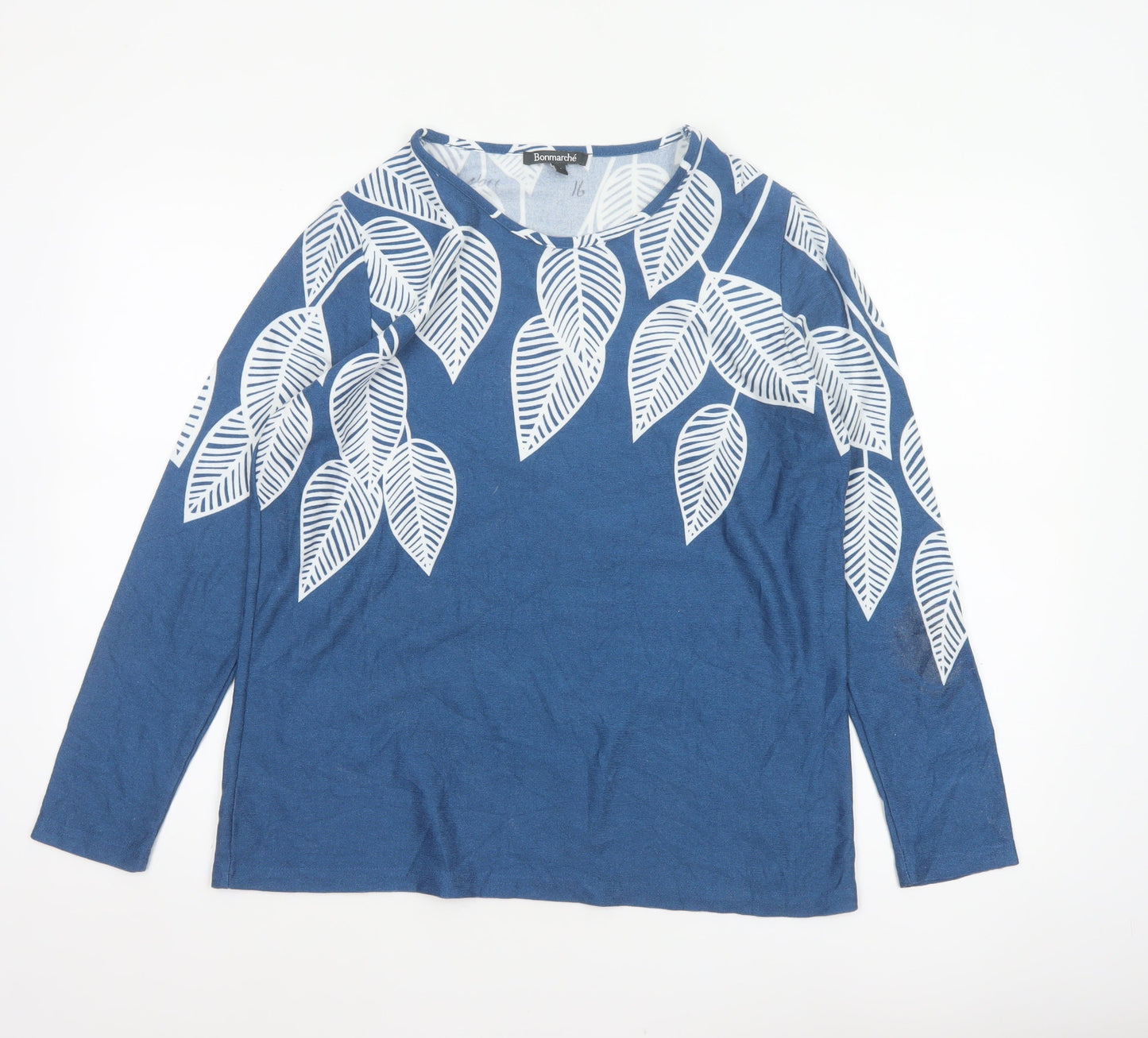 Bonmarché Women Blue Leaf Print Long Sleeve Jersey Blouse UK 14