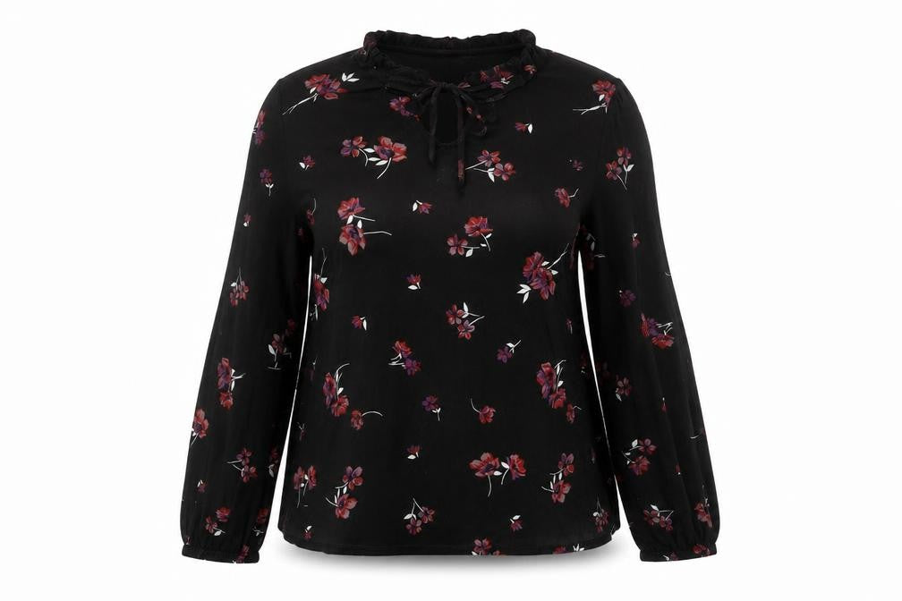 Maison de Nimes Women Black Floral Long Sleeve Tie Neck Blouse Size S