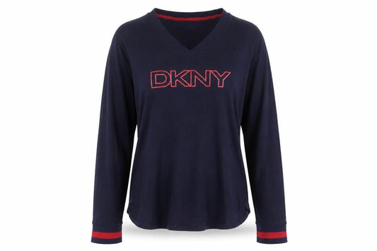 DKNY Women’s Blue Logo Pyjama Top Size L Long Sleeve V-Neck