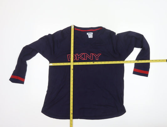 DKNY Women’s Blue Logo Pyjama Top Size L Long Sleeve V-Neck
