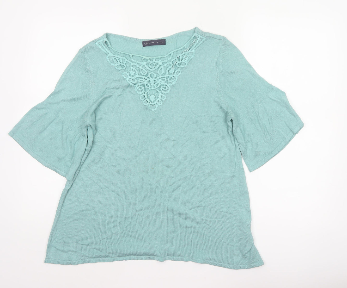 Marks & Spencer Women Green UK 14 Knit Bell Sleeve Crochet Blouse