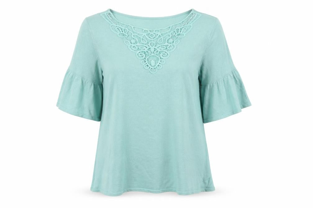 Marks & Spencer Women Green UK 14 Knit Bell Sleeve Crochet Blouse