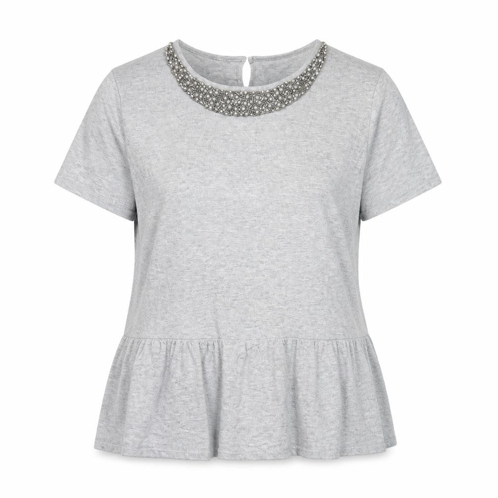 Marks & Spencer Women Grey UK 14 Beaded Knit Short Sleeve Peplum Top