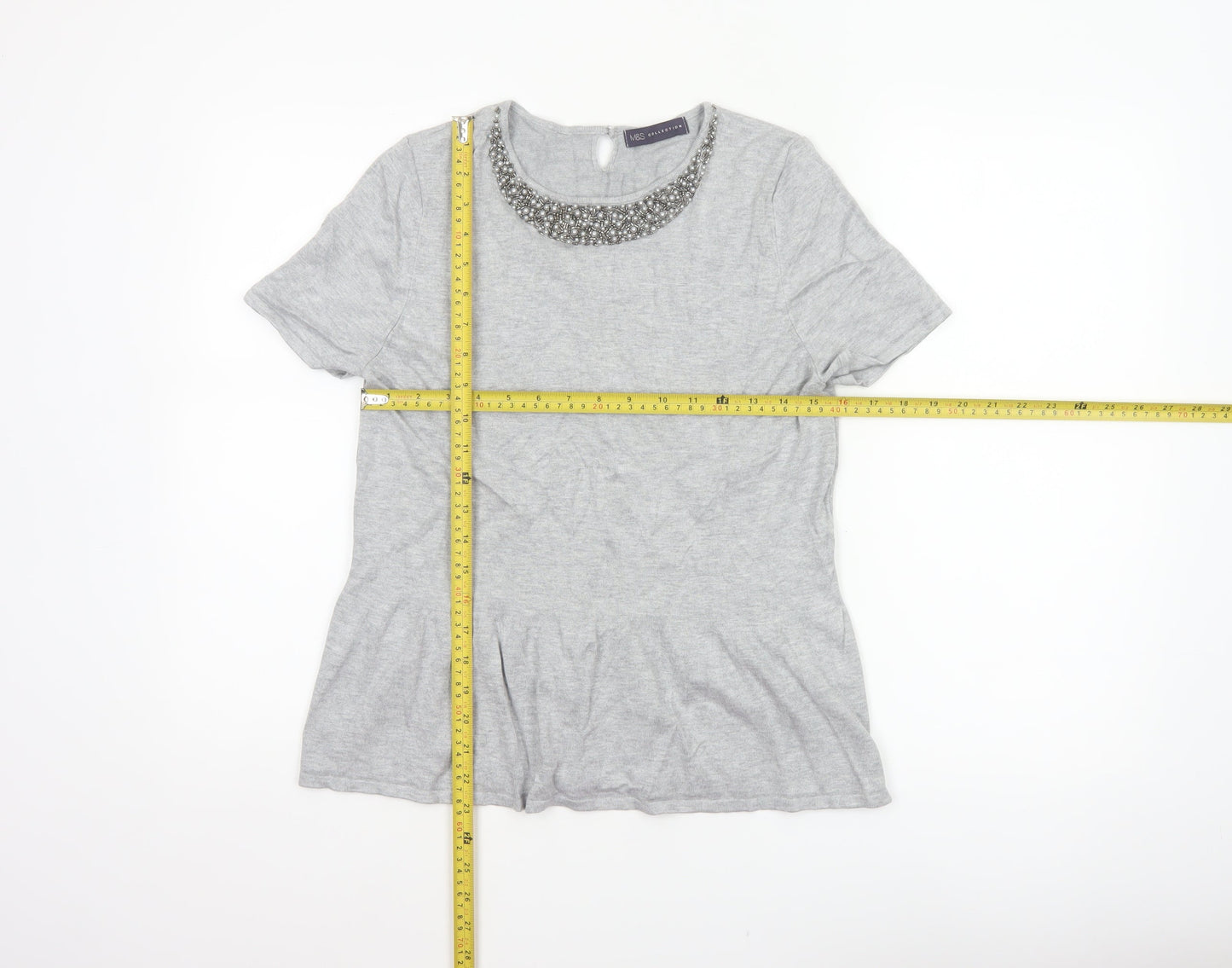 Marks and Spencer Women Grey UK 14 Beaded Knit Short Sleeve Peplum Top