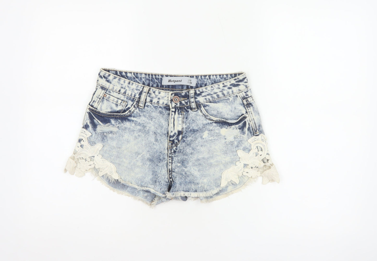 New Look Women Blue Acid Wash Lace Denim Hot Pants Shorts UK 8