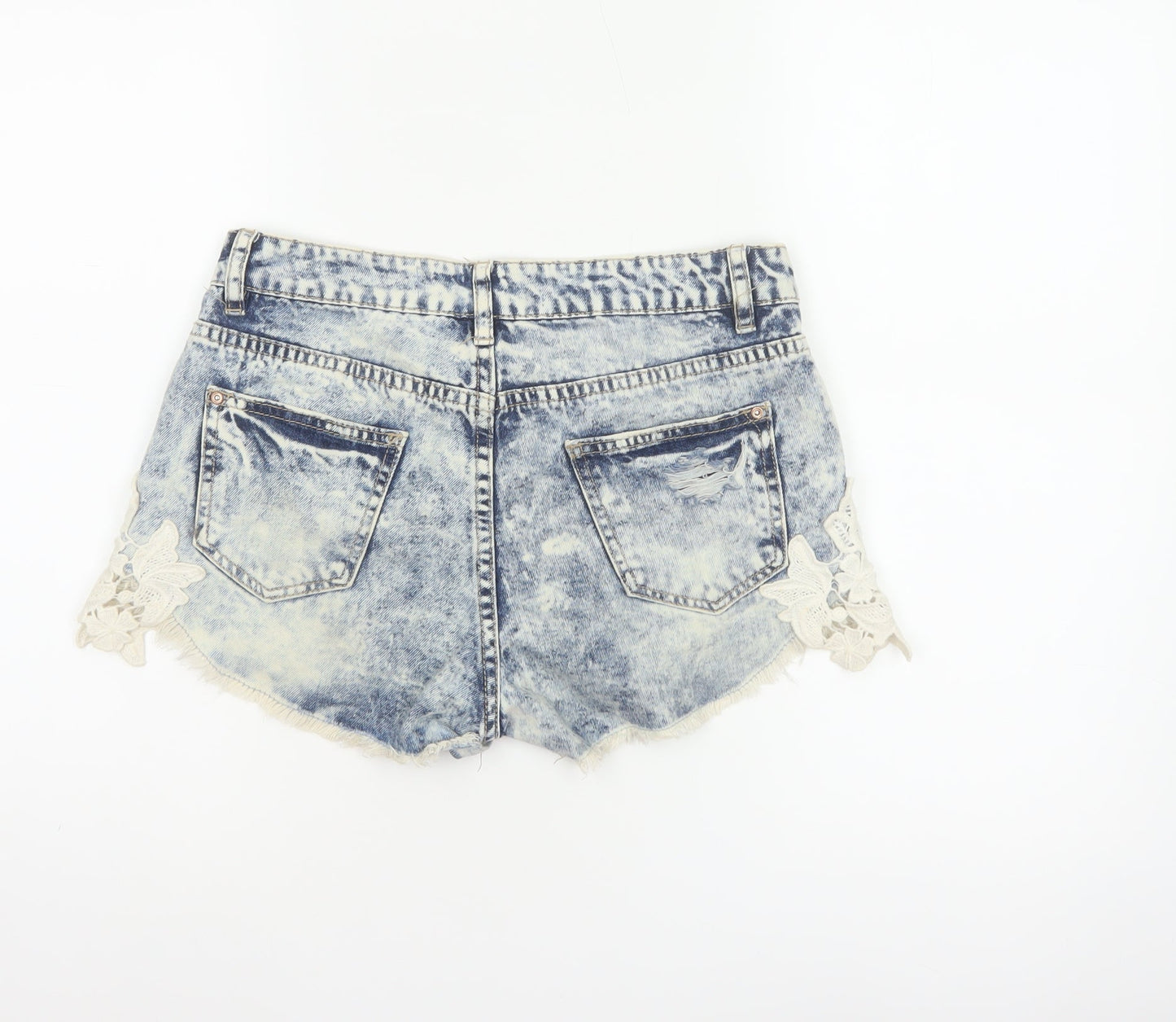New Look Women Blue Acid Wash Lace Denim Hot Pants Shorts UK 8