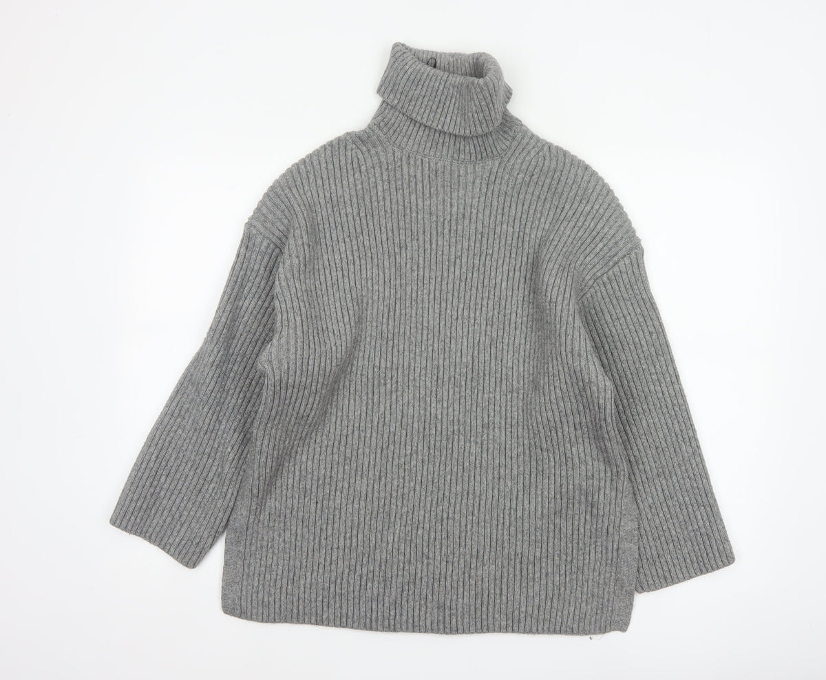 H&M Women’s Grey S Ribbed Roll Neck Long Sleeve Pullover Jumper