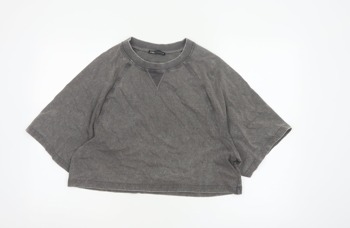 Zara Women Grey UK 8 Cropped Cotton Raglan Sleeve T-Shirt