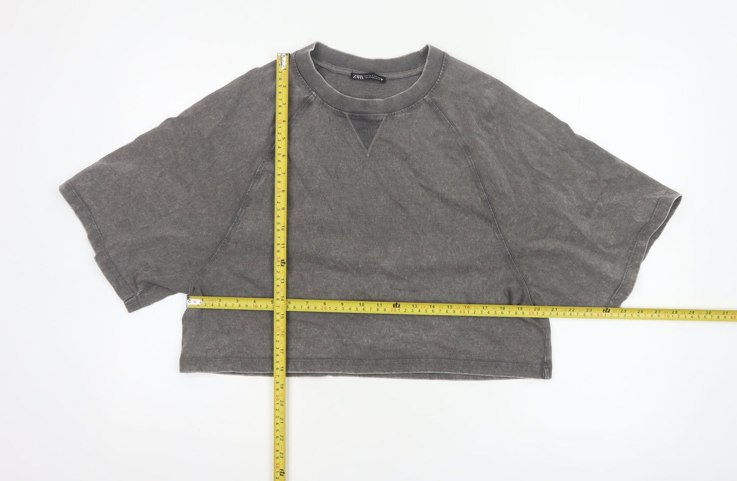 Zara Women Grey UK 8 Cropped Cotton Raglan Sleeve T-Shirt