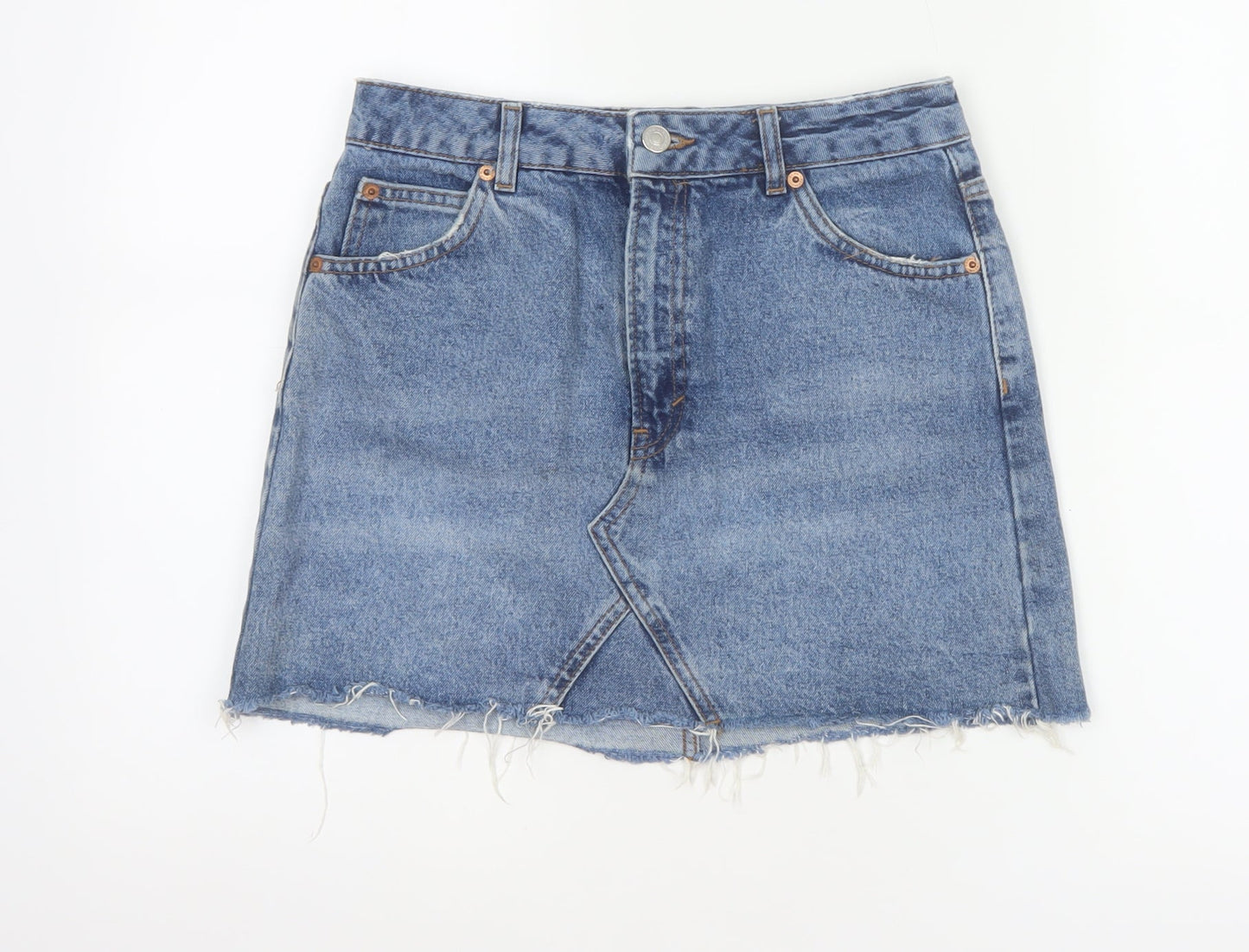 Topshop Moto Women Blue UK 10 A-Line Denim Mini Skirt Raw Hem