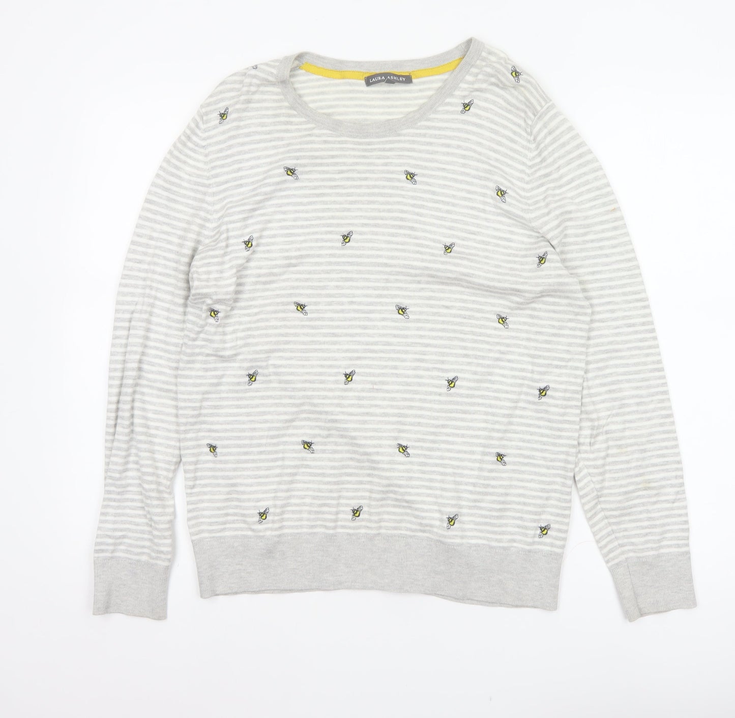 Laura Ashley Women Grey UK 16 Bee Embroidered Stripe Knit Jumper