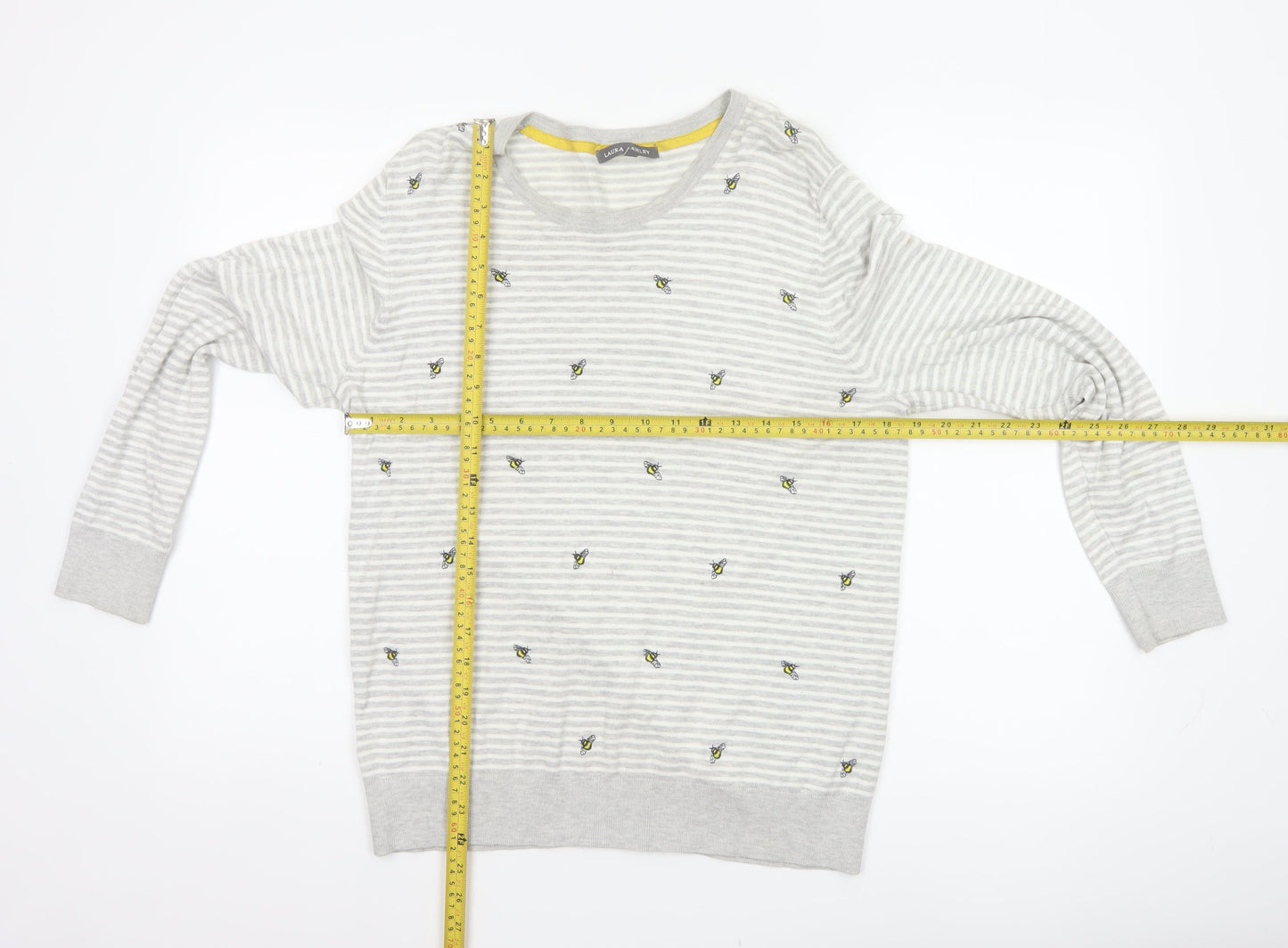 Laura Ashley Women Grey UK 16 Bee Embroidered Stripe Knit Jumper